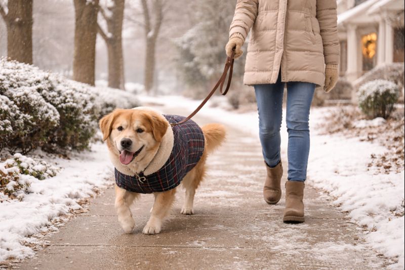 Dog walking safely during winter in Burlington neighborhood