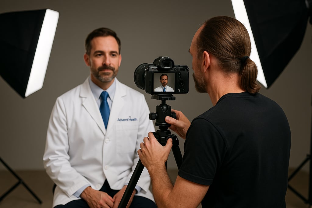 Commercial photographer filming a doctor interview for professional healthcare video production