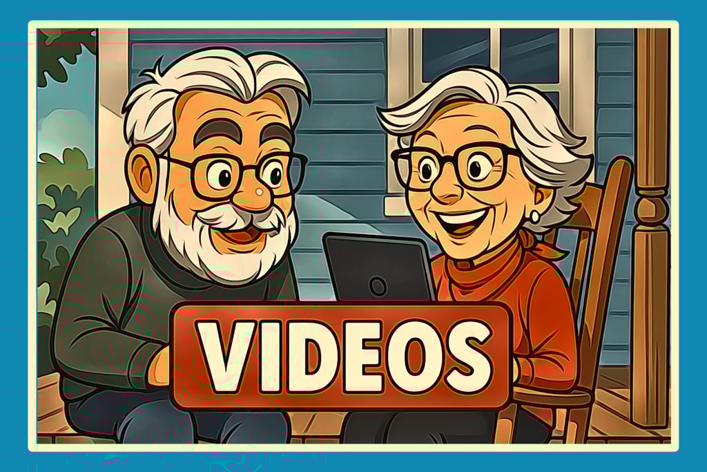 Opa and E.B. sitting on a Carolina front porch watching videos together on the Palmetto Places Video