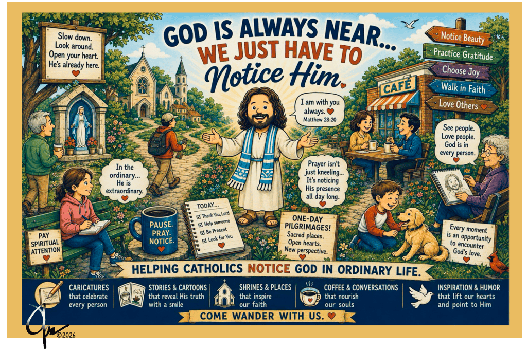 A cartoon collage reminding the viewer that God is with us all the time and everywhere.