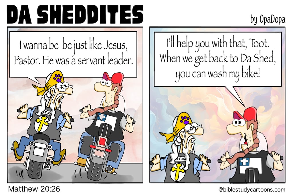 Two cartoon motorcyclists having a conversation while riding.