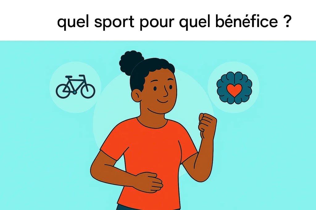 Femme en mouvement illustrant les bienfaits du sport sur la santé mentale, avec des icônes de vélo et cerveau, recherchesante