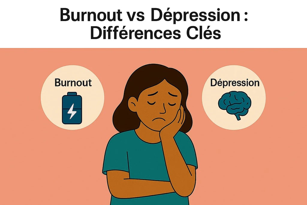 femme préoccupée comparant les symptômes du burnout et de la dépression, avec des icones illustrant l'épuisement et la Santé