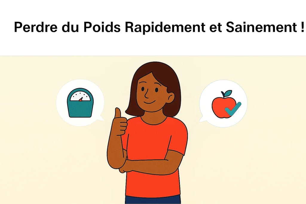 Femme souriante illustrant la perte de poids saine avec une balance et une pomme, perte de poids rapide, bien etre, recherche