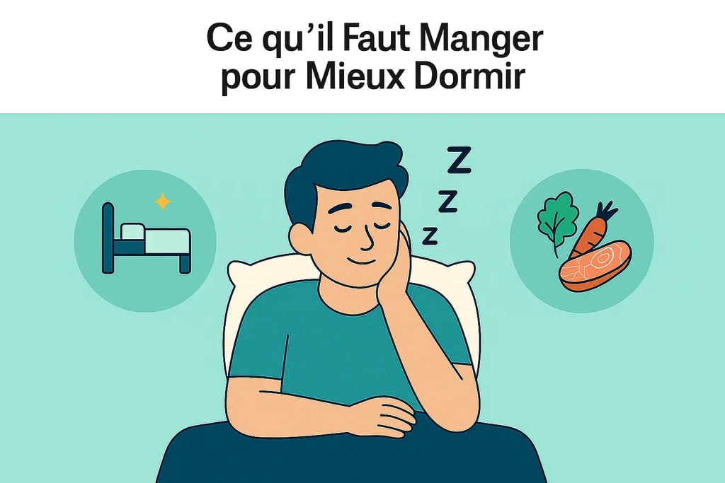 Homme endormi paisiblement, entouré d’icônes représentant un lit et des aliments favorisant le sommeil, recherchesante.com