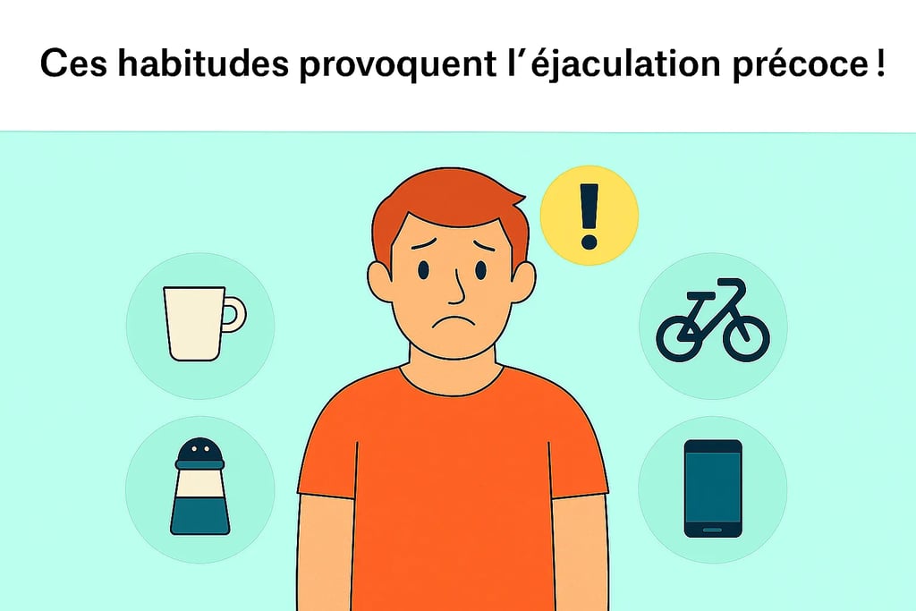 Homme inquiet entouré d’icônes représentant des habitudes liées à l’éjaculation précoce, habitudes qui donnent l'éjaculation 