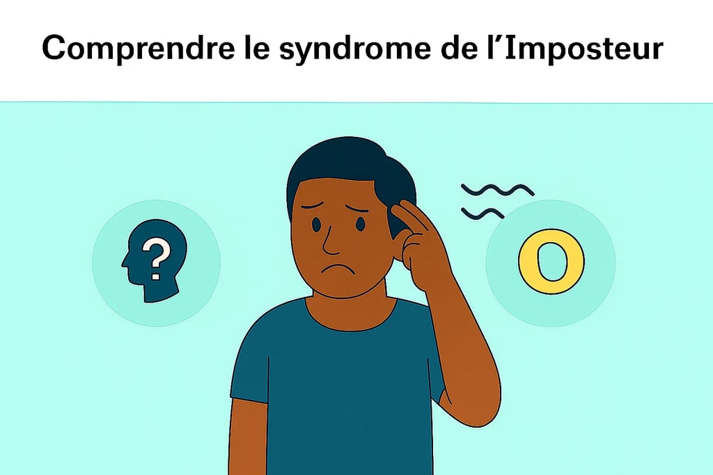 Homme préoccupé entouré d’un point d’interrogation et d’un symbole de vide, illustrant le syndrome de l’imposteur, recherches