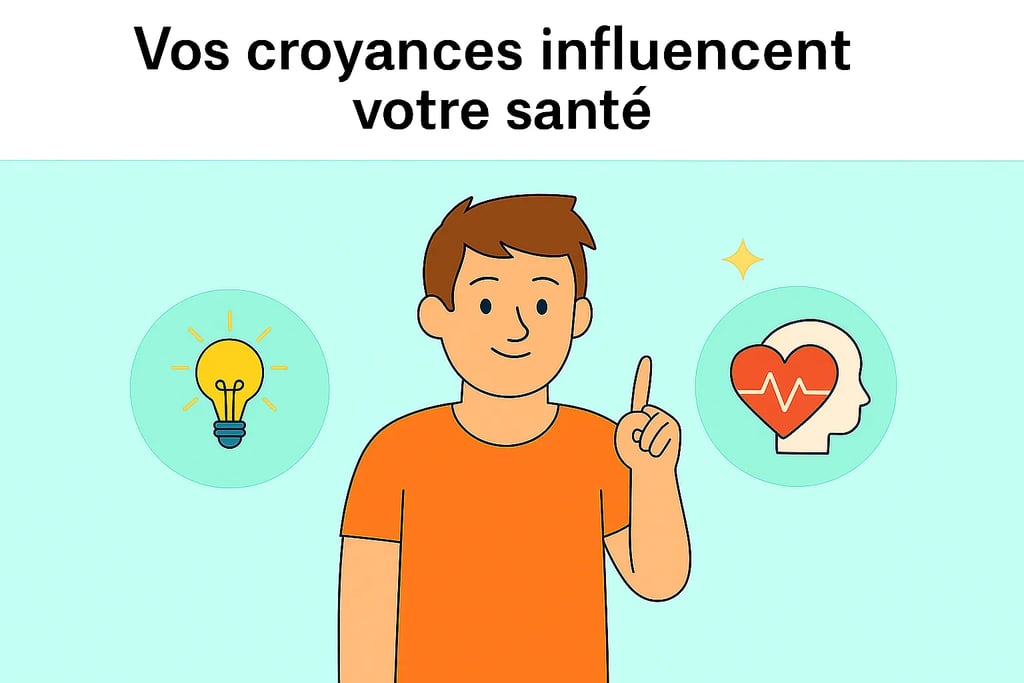 Homme souriant levant le doigt avec une ampoule et une icône santé mentale, illustrant l’effet Pygmalion sur la santé, commen