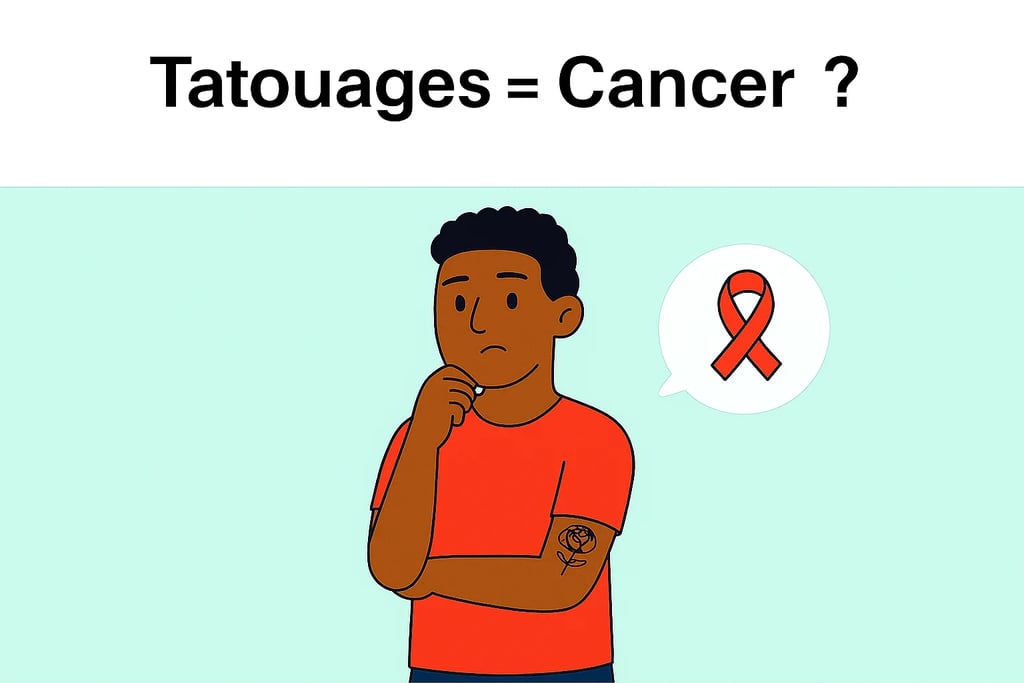 Personne tatouée avec des symboles de question et de santé, illustrant l’incertitude autour des risques liés aux tatouages.