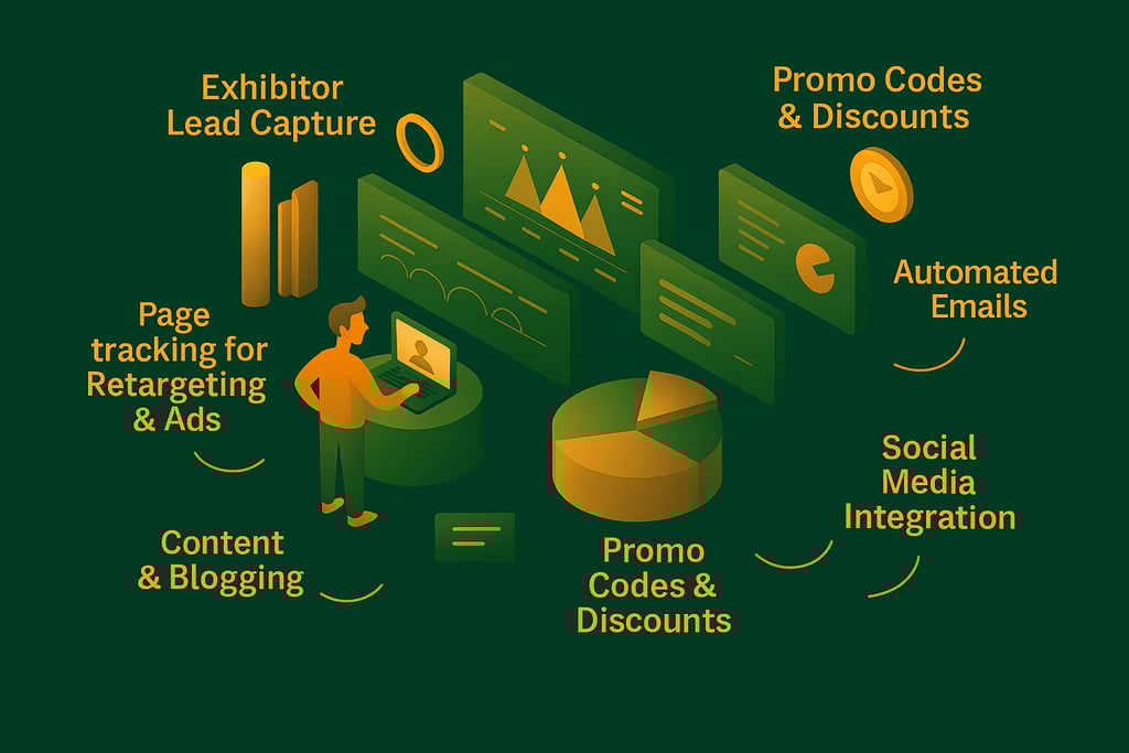 Graphical image summarising marketing and promotion features of an event management platform