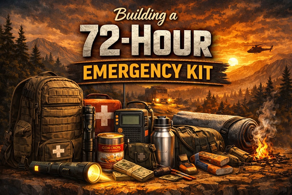 72-hour emergency kit with backpack, first aid, flashlight, radio, food, and survival gear in a wilderness setting