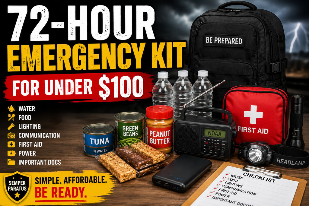 Emergency kit under $100 with food, water, radio, first aid, flashlight, and preparedness supplies.