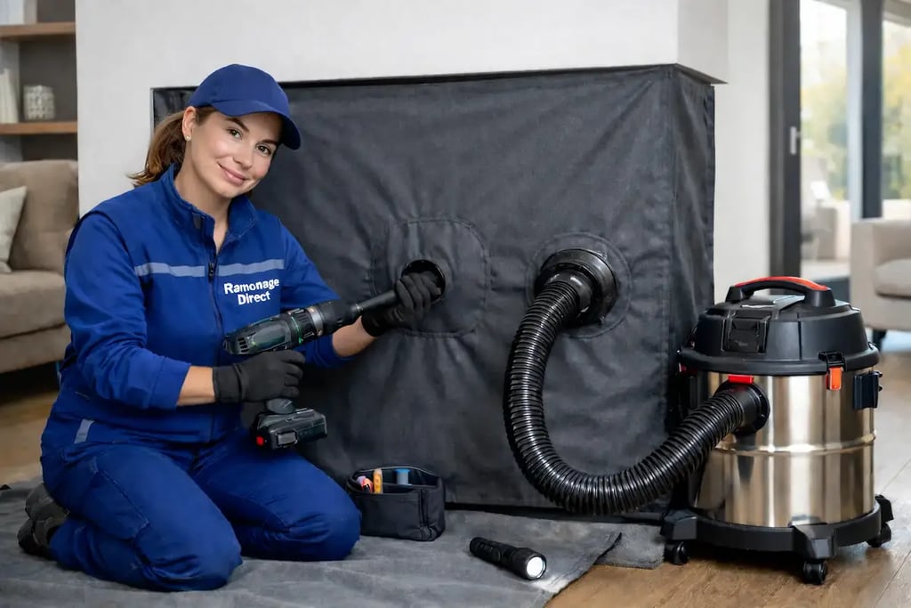 Ramoneur à Nantes effectuant un ramonage rotatif de cheminée avec bâche anti-poussière et aspiration professionnelle