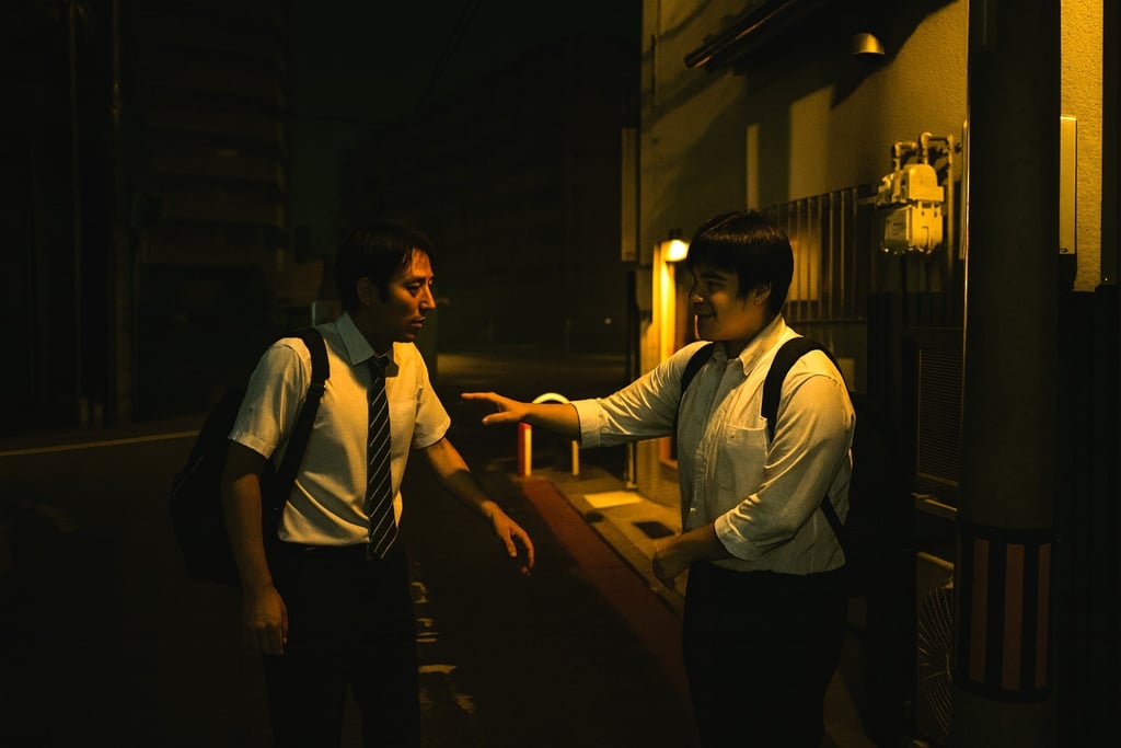 夜の路上で男性が別の男性に手を伸ばして接近する場面のイメージ画像|堺市のニュースならサカイタイムズ