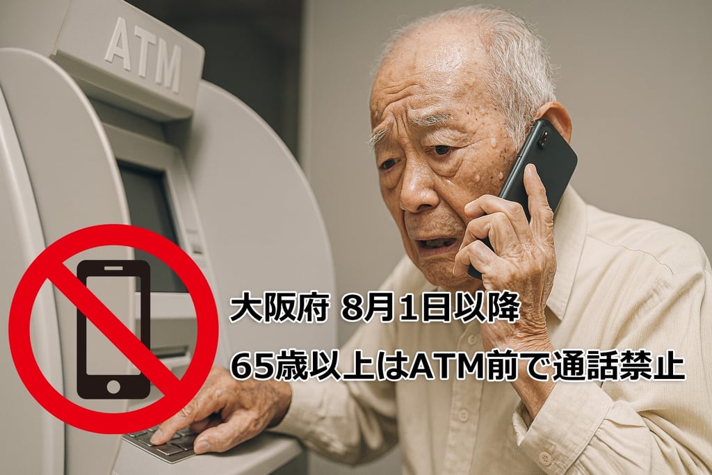高齢者がATMを操作しながら携帯電話で通話しているイメージ画像と、通話禁止マーク｜堺市のニュースならサカイタイムズ