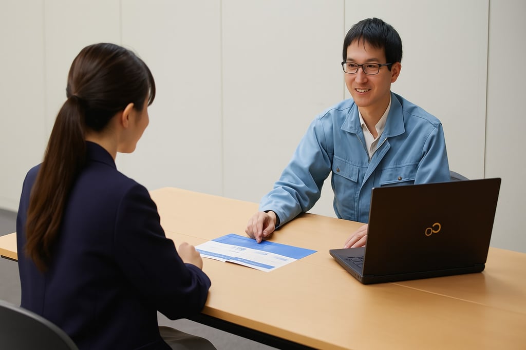 市役所で市役所の技術職への就職に関心がある人向けに職員が面談して市で働くことの魅力などを伝えている様子。