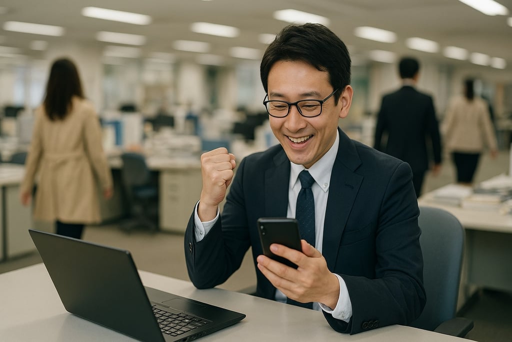 給与改定の知らせを受け喜ぶスーツ姿の男性職員のイメージ画像｜堺市のニュースならサカイタイムズ
