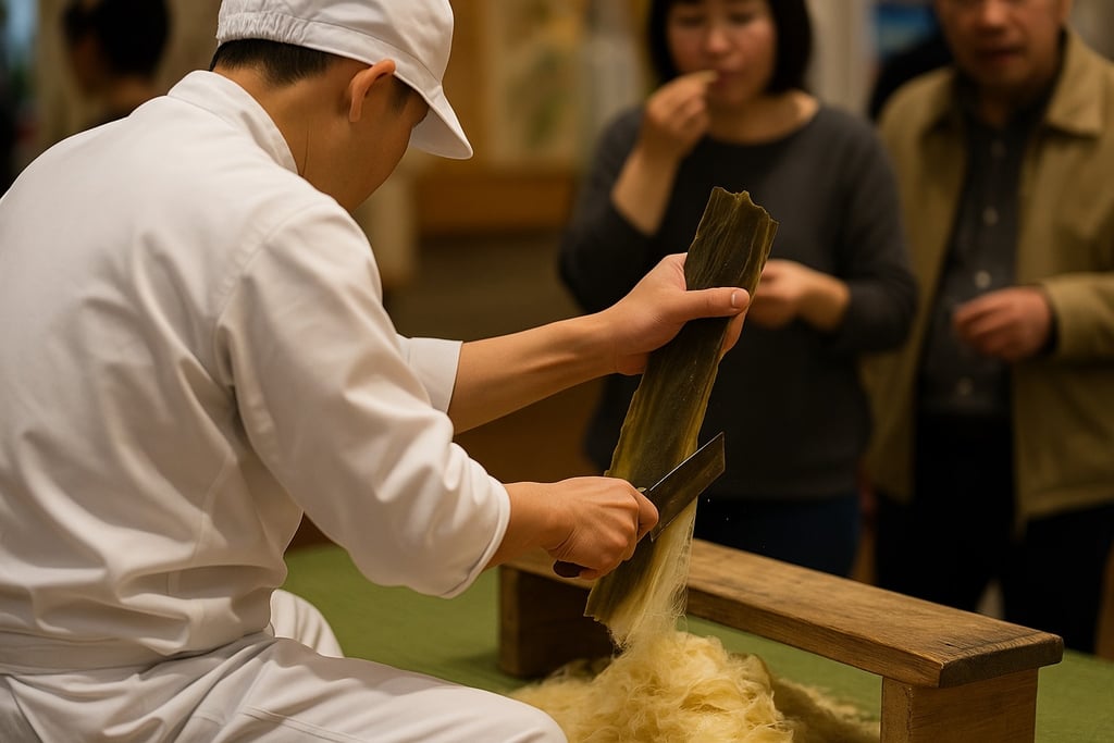 職人が堺伝匠館で昆布を薄く削る手すき昆布の実演を行い、来場者が試食している様子のイメージ画像｜堺市のニュースならサカイタイムズ