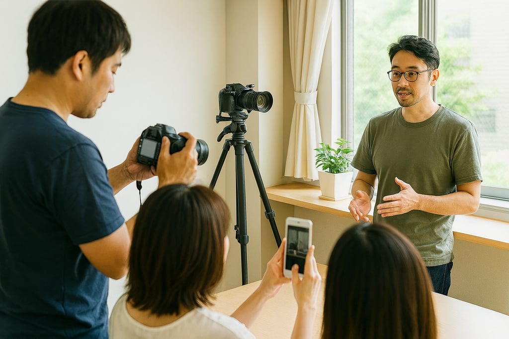 動画作成講習会で講師が受講者に撮影指導し、参加者がカメラやスマホで実習する様子のイメージ画像｜堺市のニュースならサカイタイムズ