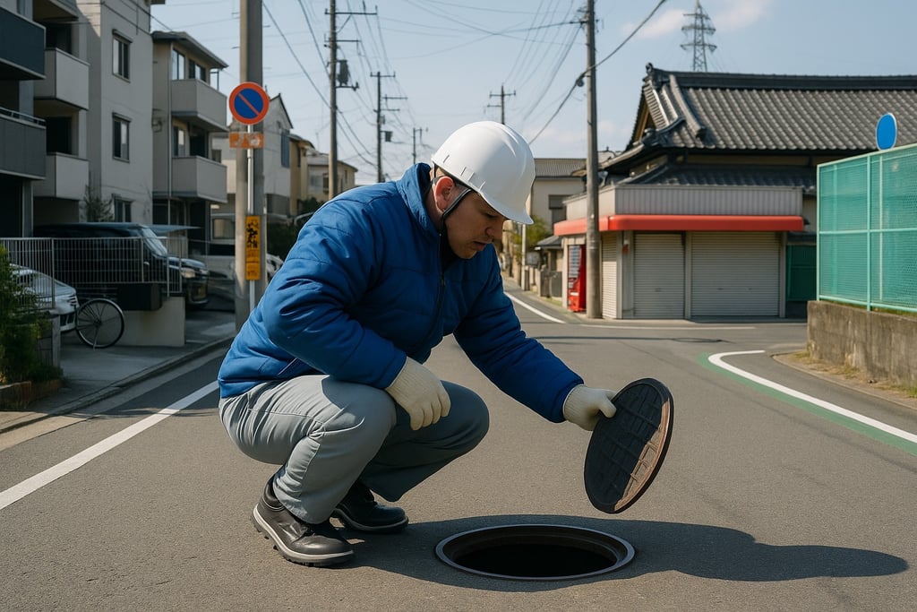 道路上でマンホールのふたを開けて下水道管路を点検する作業員のイメージ画像｜堺市のニュースならサカイタイムズ