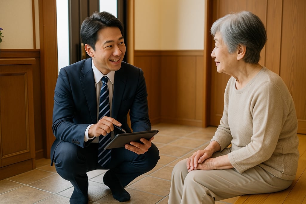 社員がタブレット端末を持ち高齢者と座って話しているイメージ画像｜堺市のニュースならサカイタイムズ