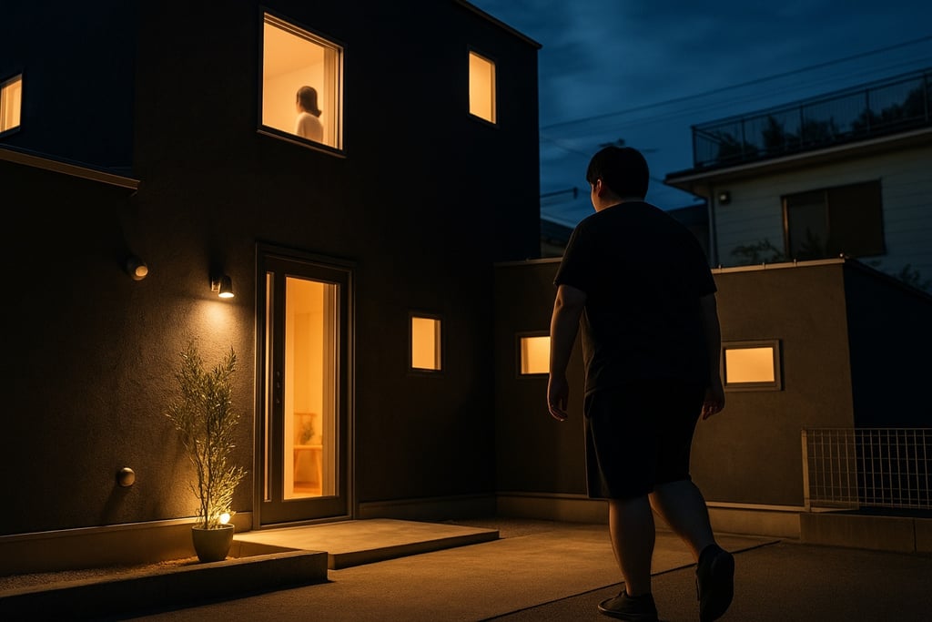 堺市東区で発生した住居侵入事件をイメージした夜の住宅と男性の様子|堺市のニュースならサカイタイムズ