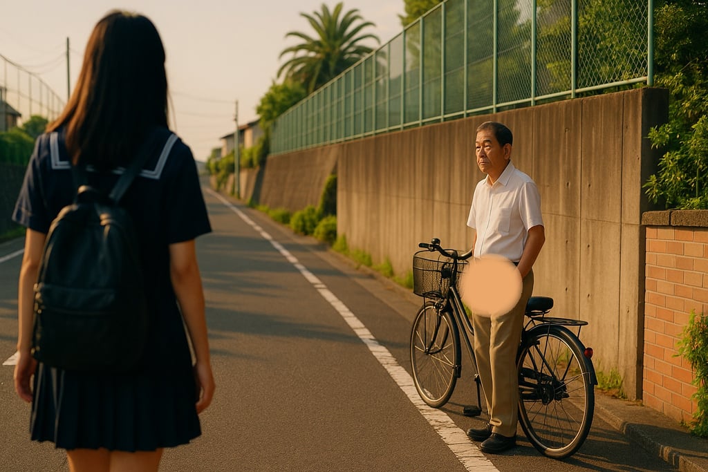 堺市で起きた公然わいせつ事案。高齢男性が道路で下半身を露出しているニュースのイメージ画像。夕方の堺市の道路で高齢男性と女子高生が対面している。
