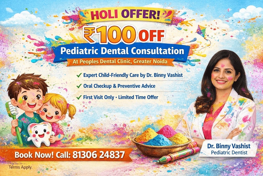 A pictorial representation of Holi Dental Offer at Peoples Dental Clinic on kids dental checkups