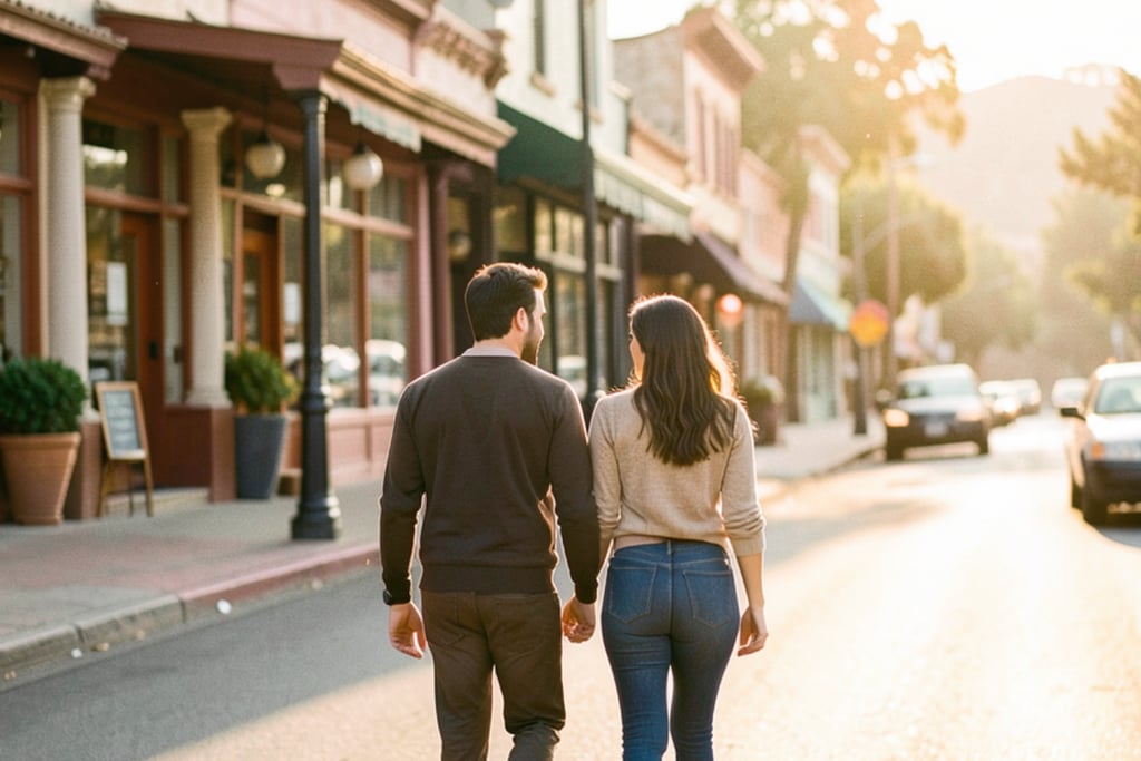 Couple holding hands while walking through downtown Ojai at sunset, California