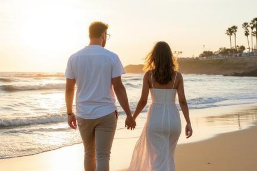 Couple holding hands while walking along the beach at sunset in Santa Barbara, California