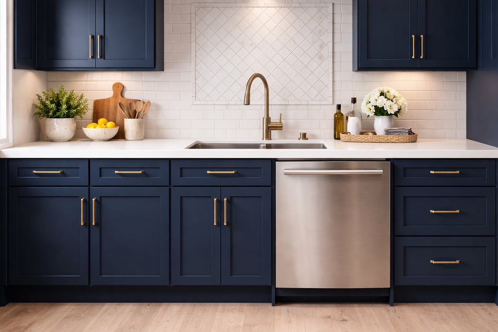 Blue kitchen with stainless dishwasher, white counters, and brass fixtures