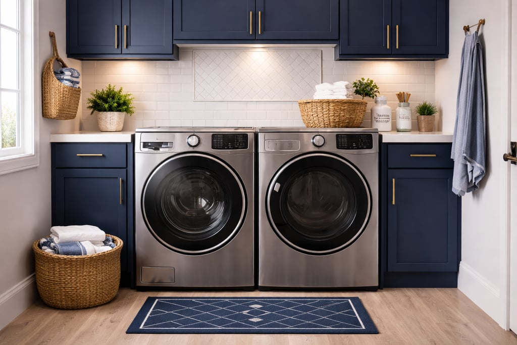 Blue laundry room with side by side stainless washer and dryer and white counters