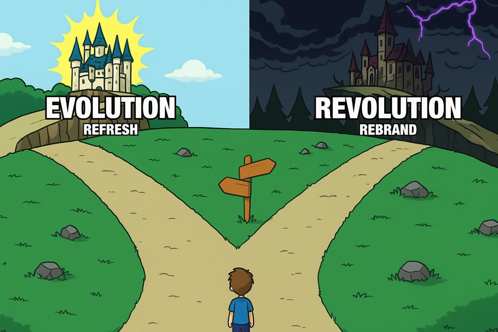 A fork in the road with "Evolution" on the left and "Revolution" on the right.