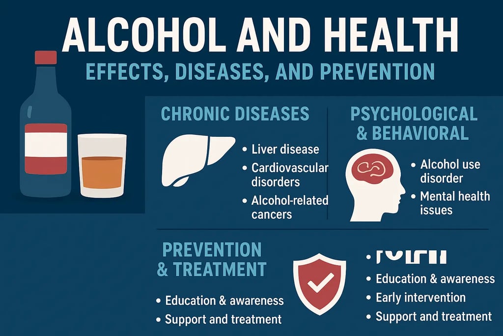Infographic illustrating the effects of alcohol on health, showing chronic diseases .