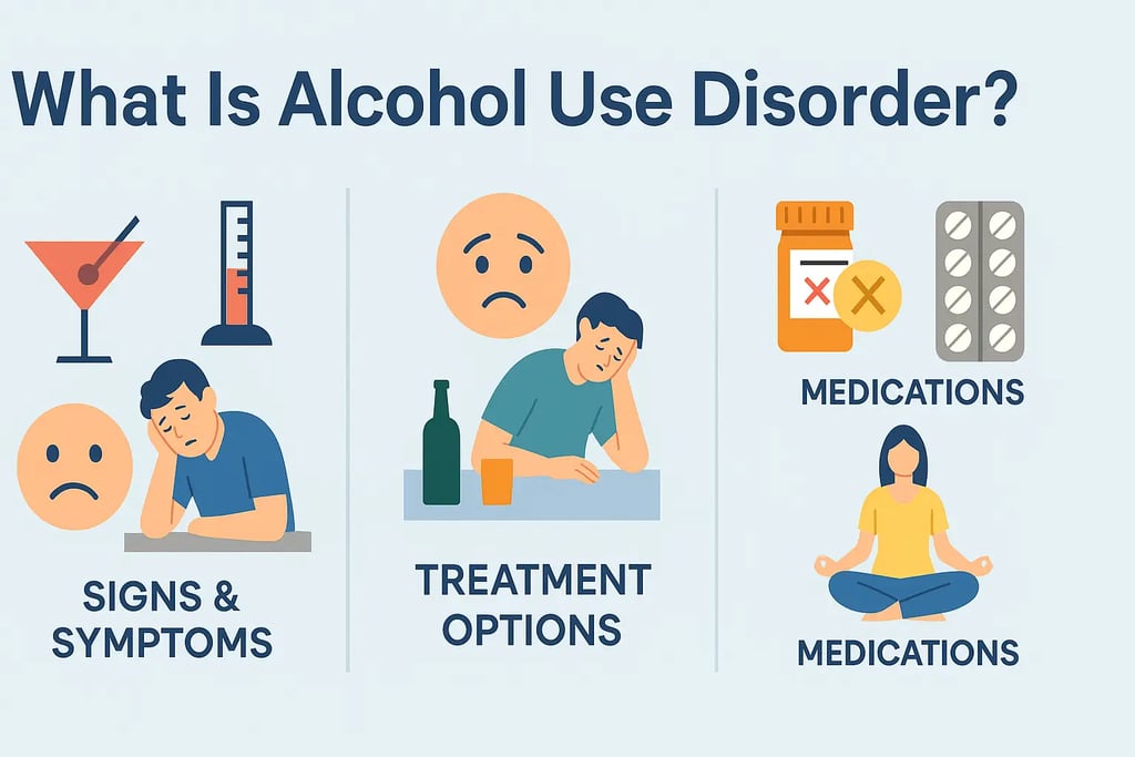 Illustration showing signs, symptoms, and treatment options for Alcohol Use Disorder (AUD)