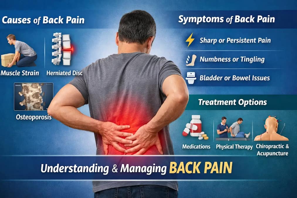 Infographic showing causes, symptoms, and treatment options for back pain