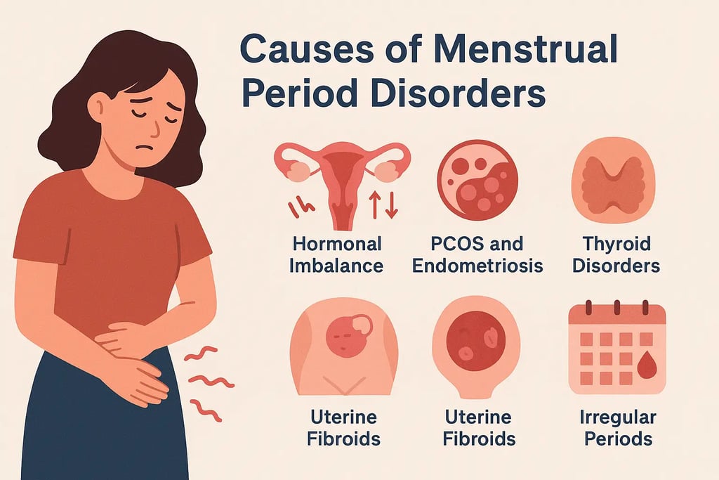 Illustration showing causes and symptoms of menstrual period disorders in women