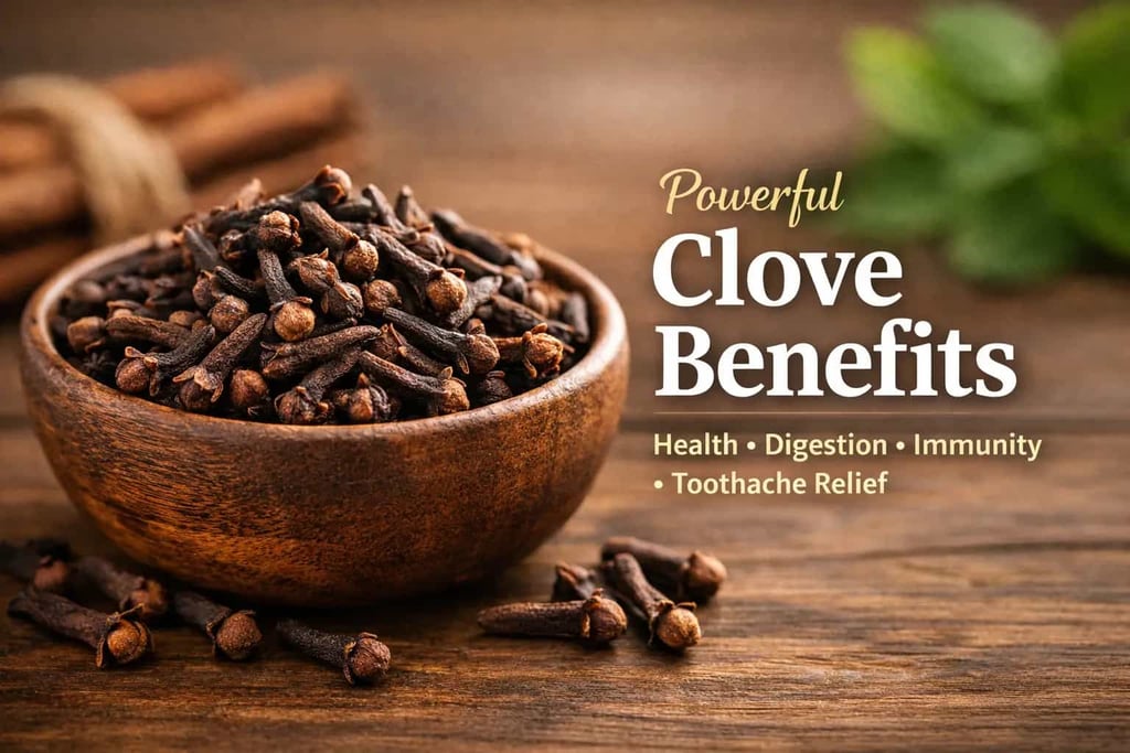 Clove benefits for health showing dried cloves in wooden bowl
