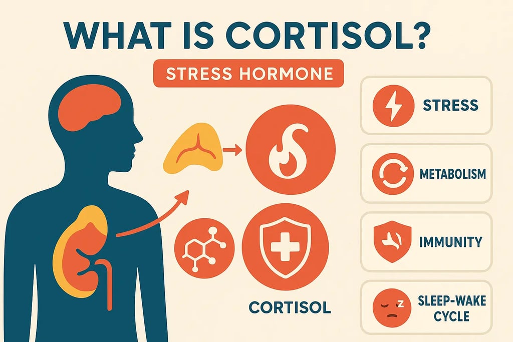 Illustration showing cortisol hormone functions, stress response, and adrenal gland regulation.