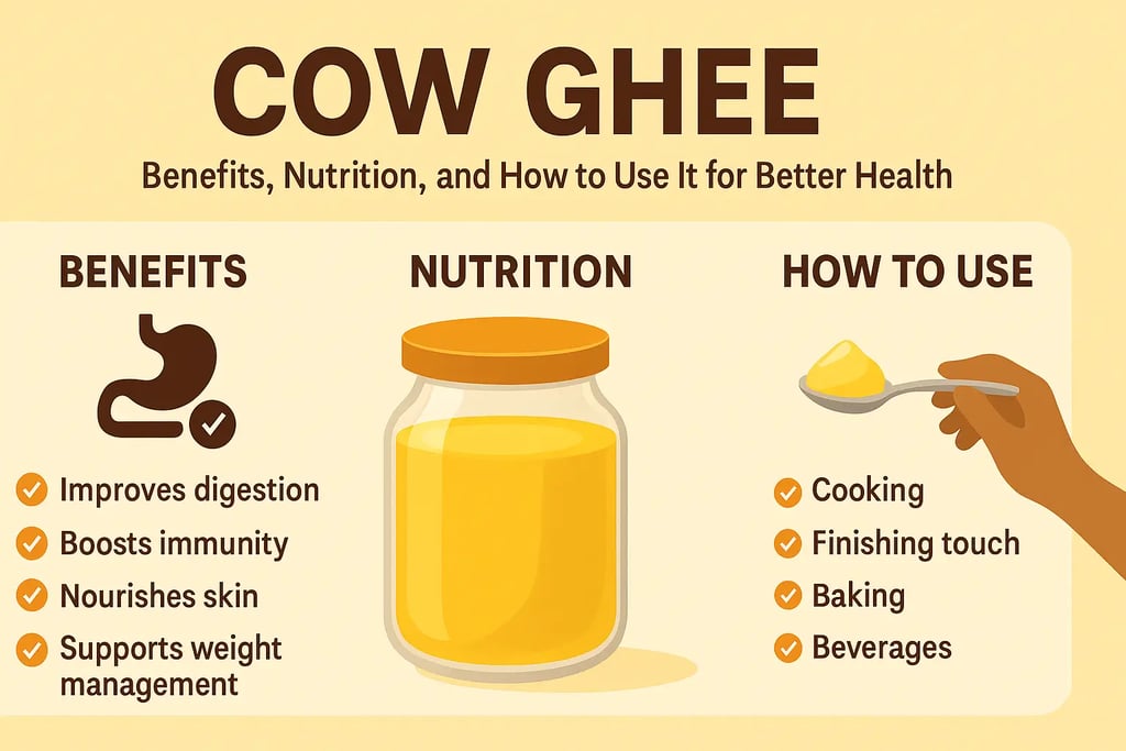 Illustration showing cow ghee benefits, vitamins, minerals, and health uses in diet and Ayurveda