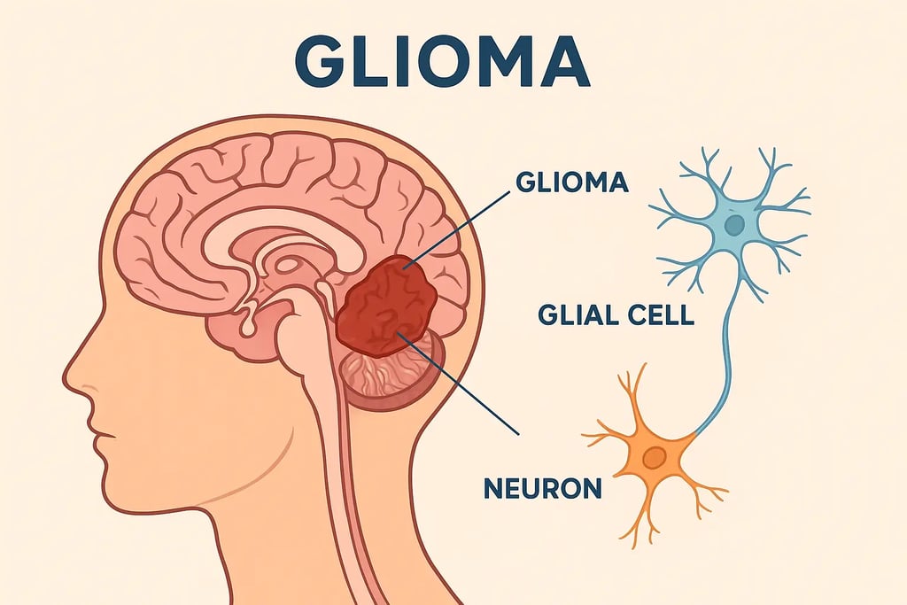 Illustration explaining glioma tumor in human brain showing glial cells and nervous system structure