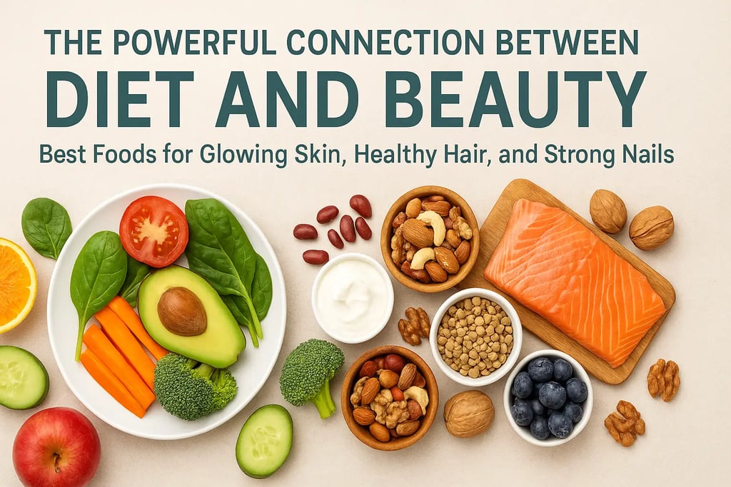 Balanced diet plate with fruits, vegetables, and nuts supporting natural beauty and skin health