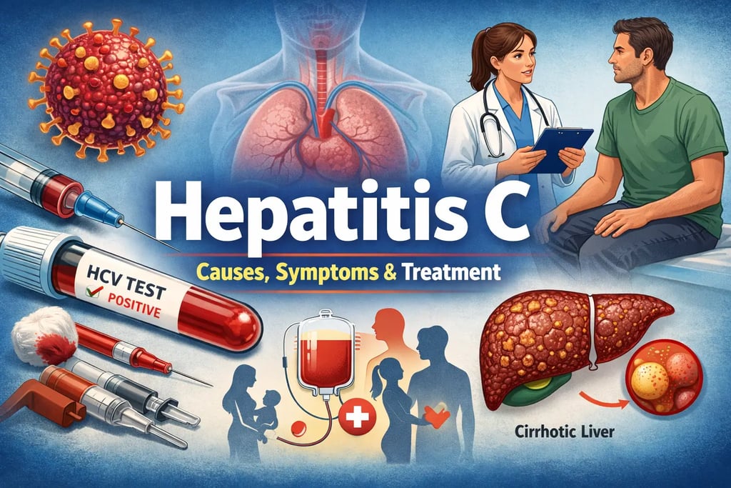 Illustration showing Hepatitis C causes, symptoms, diagnosis, and treatment