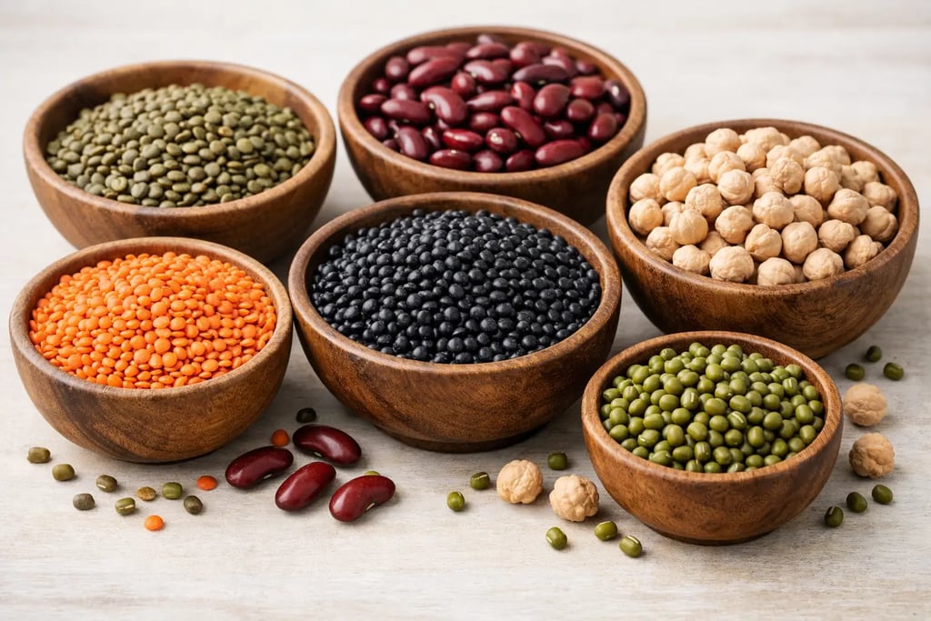 Assorted lentils and legumes including red lentils, green lentils, black lentils, chickpeas,.