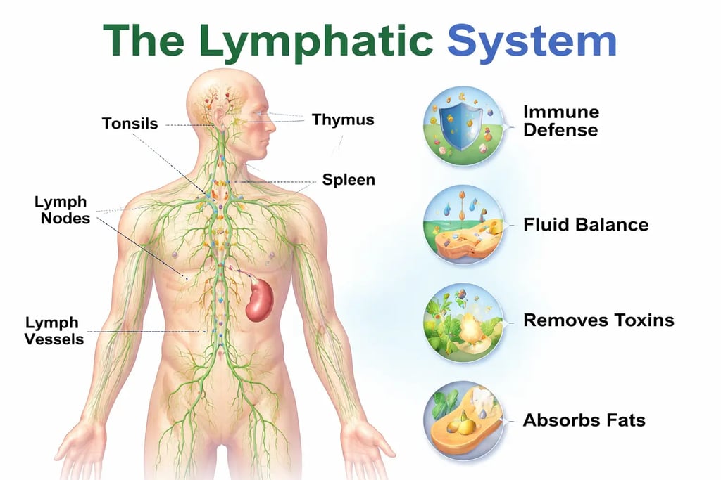 Diagram showing the structure and function of the lymphatic system in the human body