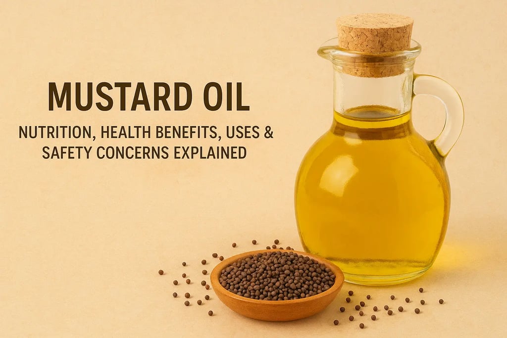 Mustard oil in a glass jar with mustard seeds, highlighting its health benefits .