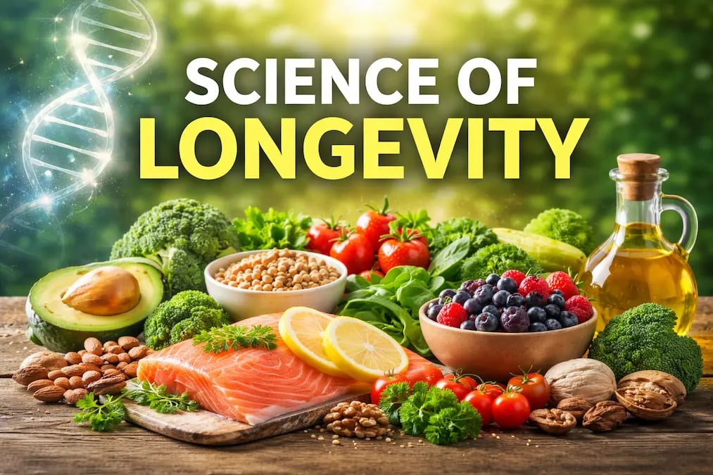 Science of longevity showing nutrient-rich foods