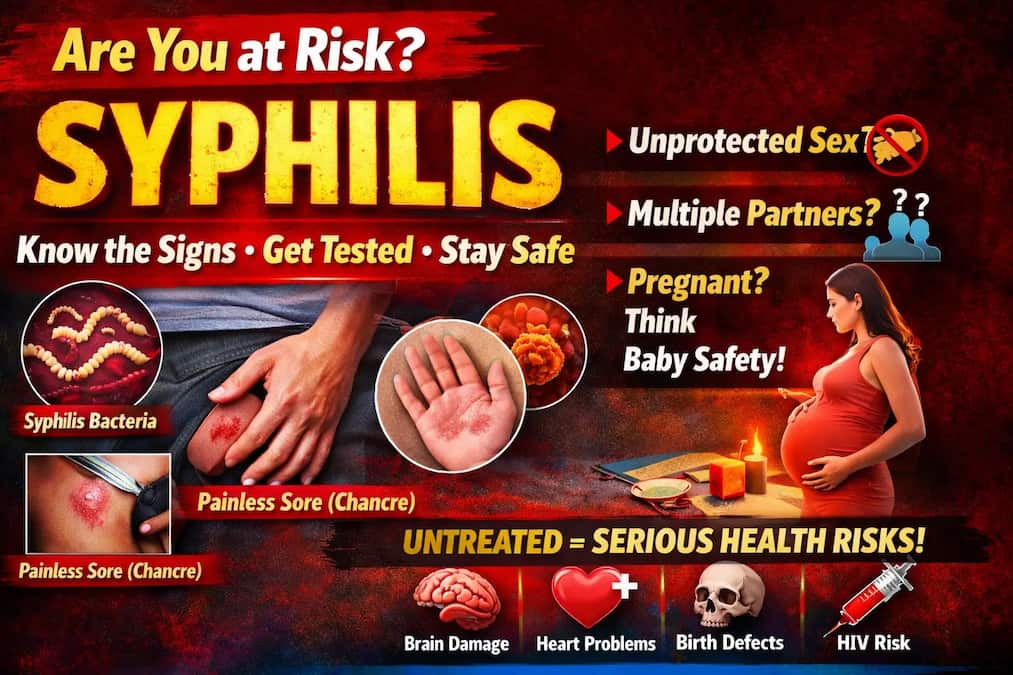 Syphilis awareness infographic showing symptoms like painless sore and rash on palms
