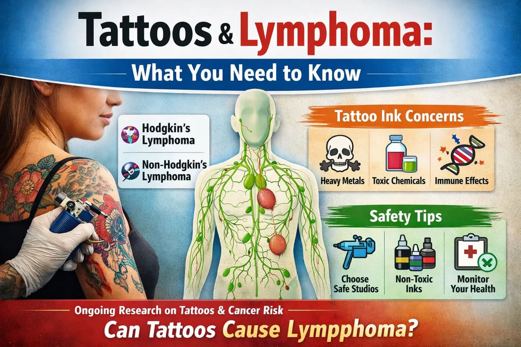 Infographic showing tattoos and lymphoma risk, lymphatic system diagram