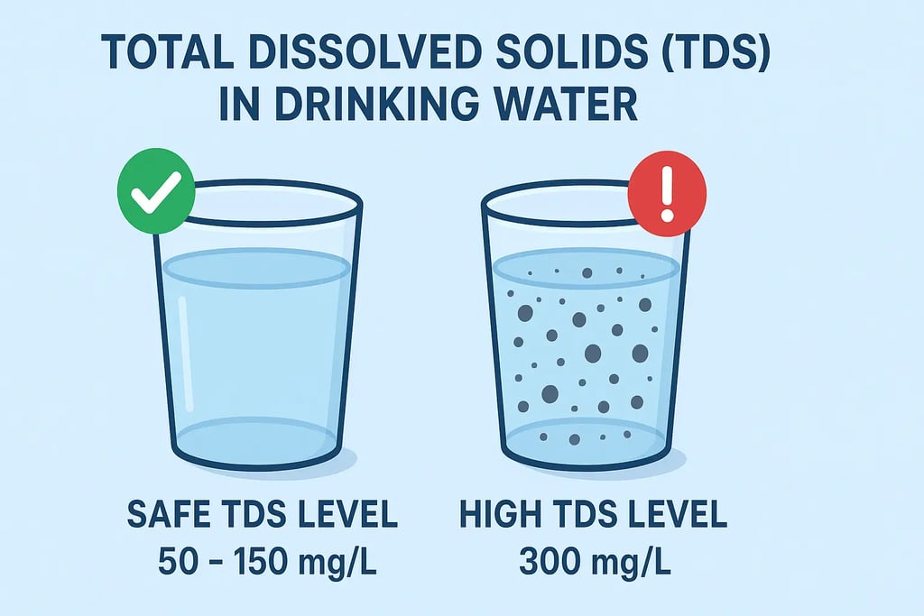Illustration showing Total Dissolved Solids (TDS) in drinking water with safe and high TDS levels co